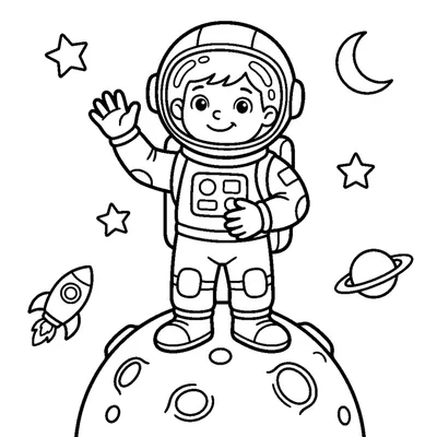 Astronaute joyeux saluant de la main sur une petite planète