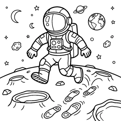 Astronaute bondissant sur les cratères en laissant des empreintes