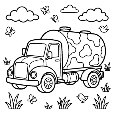 A milk tanker truck with a shiny rounded tank and little cow-spot patterns