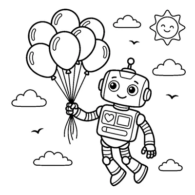 A robot holding a bunch of balloons floating upward