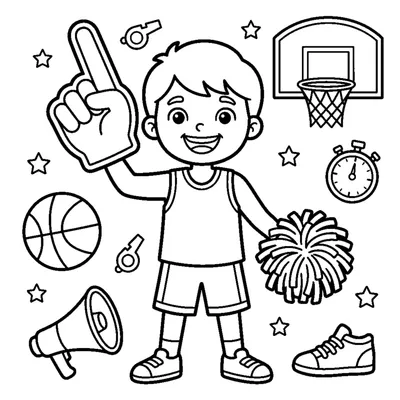 A cheering kid holding a big foam pointing-finger and pom-pom