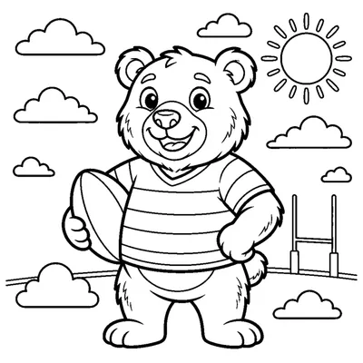A cute rugby team mascot bear wearing a plain striped jersey