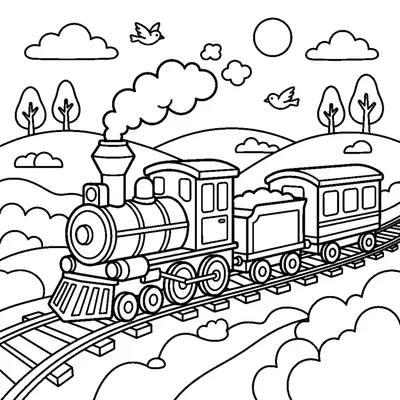 A cheerful steam train puffing smoke traveling through rolling green hills
