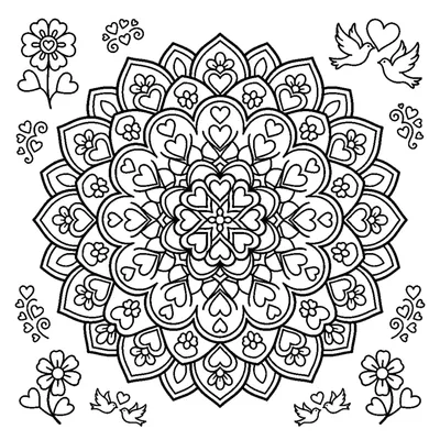 Mandala de flor con pétalos de corazón y círculos de amor