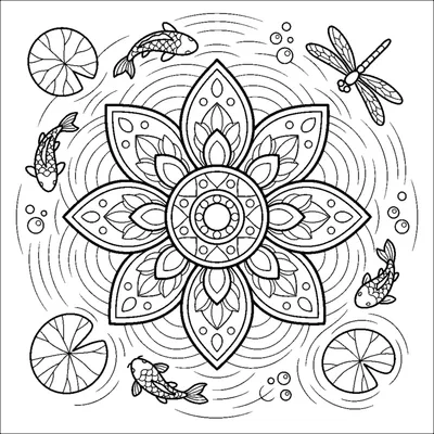 Mandala del estanque con una flor de loto de ocho pétalos