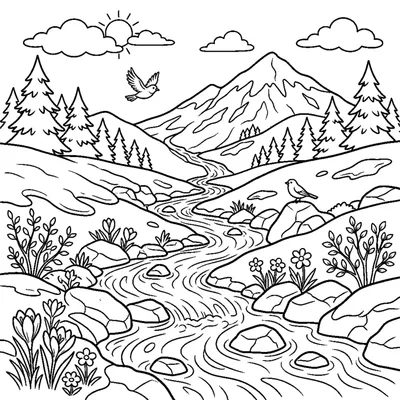 Arroyo de montaña crecido con el deshielo de primavera