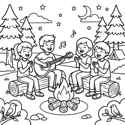 Friends Singing and Playing Guitar by the Campfire