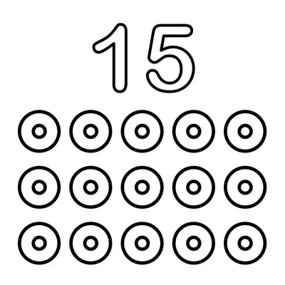 Die Zahl 15 und 15 glänzende Perlen