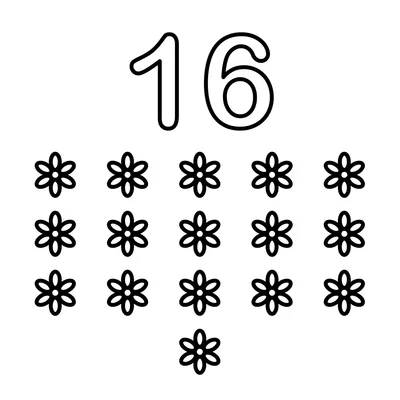 Цифра 16 и 16 маленьких снежинок