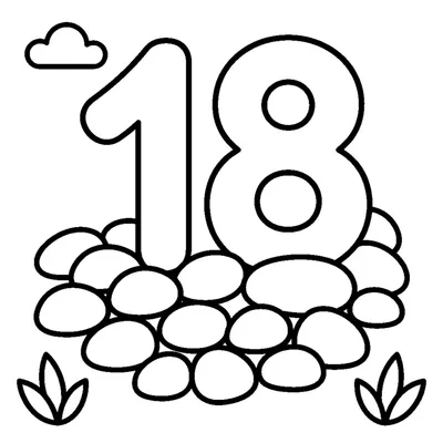 Die Zahl 18 und 18 bunte Kieselsteine