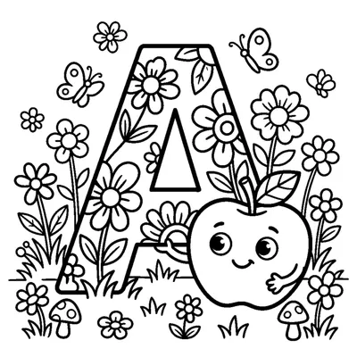 Letter A with a cute Apple in a floral scene
