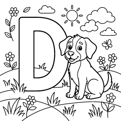 Letter D with a loyal Dog in a grassy park