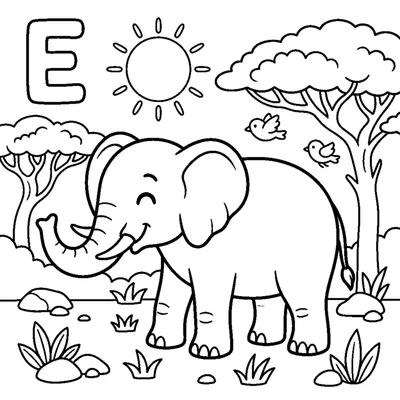 Letter E with a huge Elephant in a safari scene