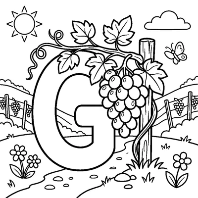 Letter G with a sweet bunch of Grapes in a vineyard