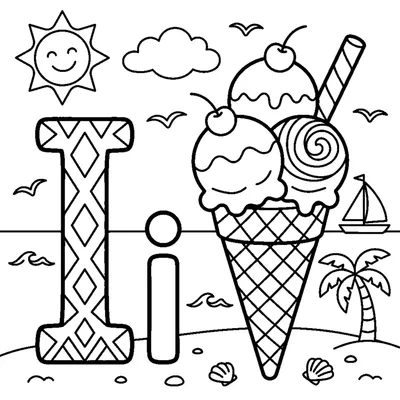 Letter I with a cool Ice cream cone in a summer scene