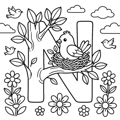 Letter N with a bird in a cozy Nest on a tree