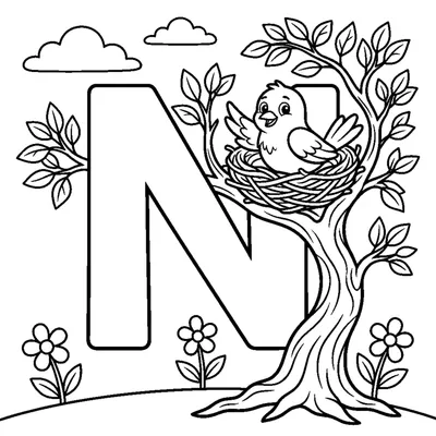 Escena en un árbol con la letra N y un pájaro en su elegante Nido