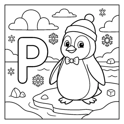 Letter P with a cute Penguin in a snowy scene
