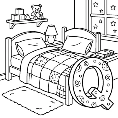 Letter Q with a colorful Quilt in a cozy bedroom