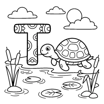 Letter T with a friendly Turtle by a pond