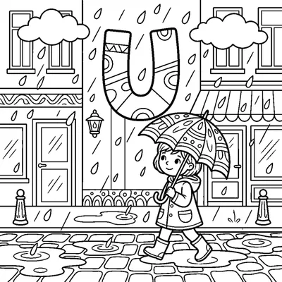 Letter U with a colorful Umbrella on a rainy day