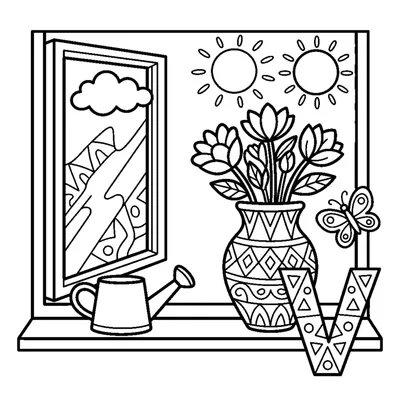 Letter V with flowers in a colorful Vase by the window