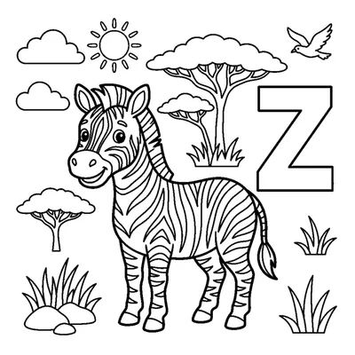 Letter Z with a striped Zebra in the savanna