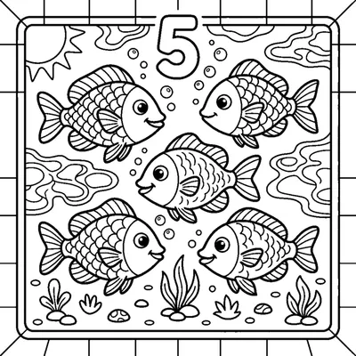 Compte et colorie les 5 poissons qui nagent dans l'étang