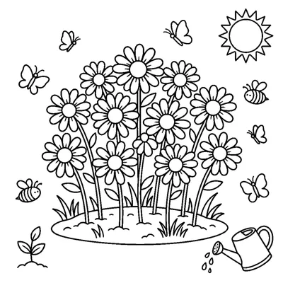 Count and color the 10 daisies in the garden