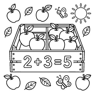 Addition scene: 2 apples plus 3 apples