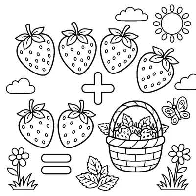 Addition scene: 4 strawberries plus 2 strawberries