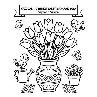 Count and color the 10 colorful tulips in the vase