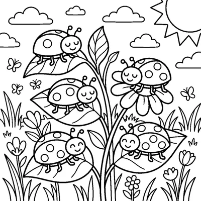 Count the 5 ladybugs in the meadow