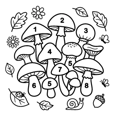 Count and color the 8 mushrooms in the forest