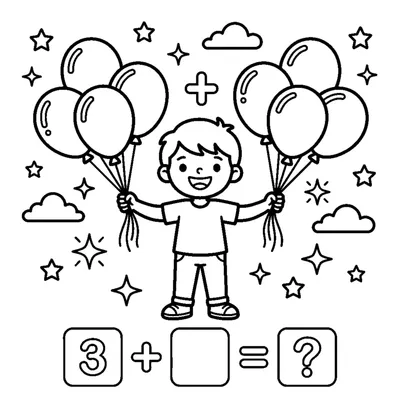 Addition scene: 3 balloons plus 3 balloons equals how many?