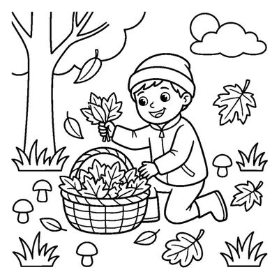 Enfant joyeux ramassant les feuilles d'automne dans un panier