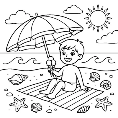 Bambino mangia il gelato in spiaggia sotto l'ombrellone con conchiglie