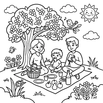 Família fazendo piquenique sob uma árvore de frutas em flor na primavera