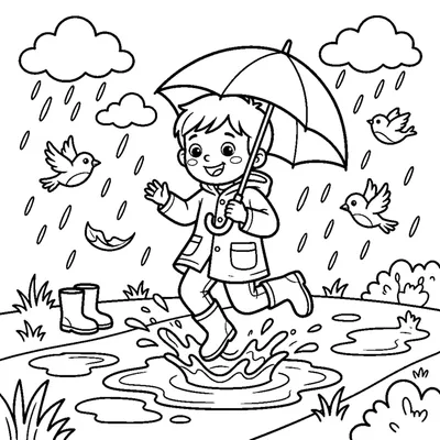 A child with an umbrella jumping in puddles on a rainy day