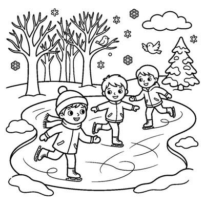 Children ice skating on a frozen pond in winter