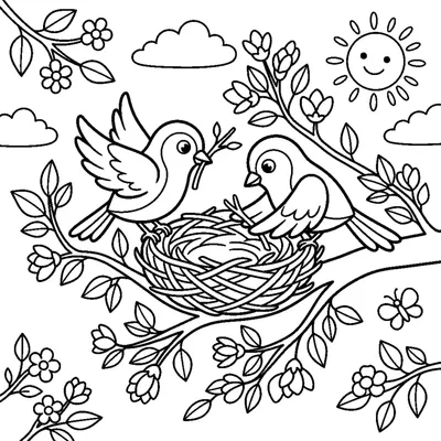 Birds building nests and leaves budding on branches in spring