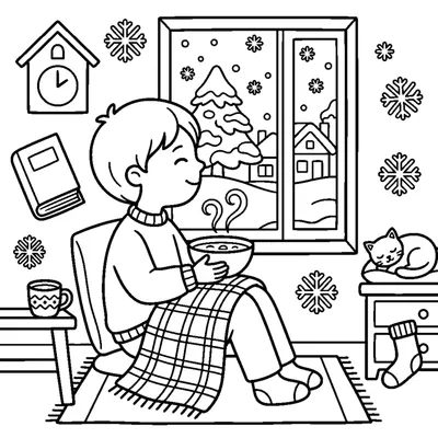 A child watching the snow while sipping hot soup by the window