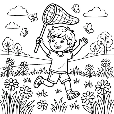 A child with a butterfly net running through a meadow of daisies