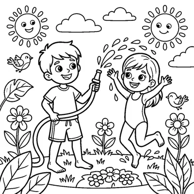 Children playing and cooling off with a water hose in the summer garden