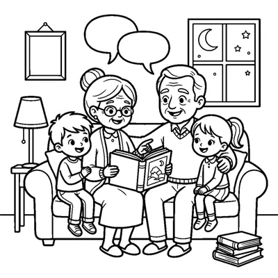 Grandma and grandpa reading a storybook to their grandchildren