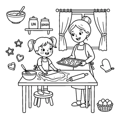 Menininha fofa fazendo biscoitos com a mamãe na cozinha