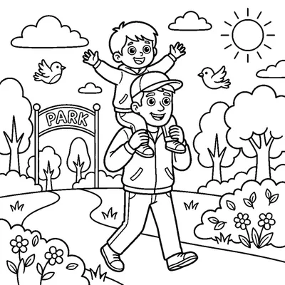 Happy child sitting on dad's shoulders on the way to the park
