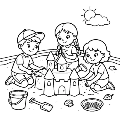 Three friends building a sandcastle together in a sandbox