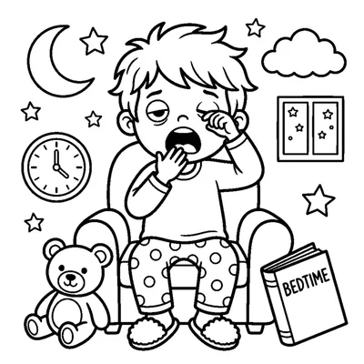 A sleepy child in pajamas, yawning and looking tired