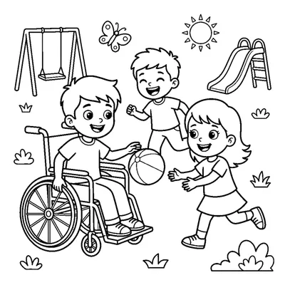 Children playing a game with their friend in a wheelchair